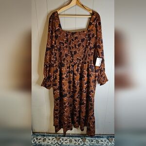 Nine West Smocked Floral Midi Dress Brown Lined Stretch 4 XL Long Sleeve